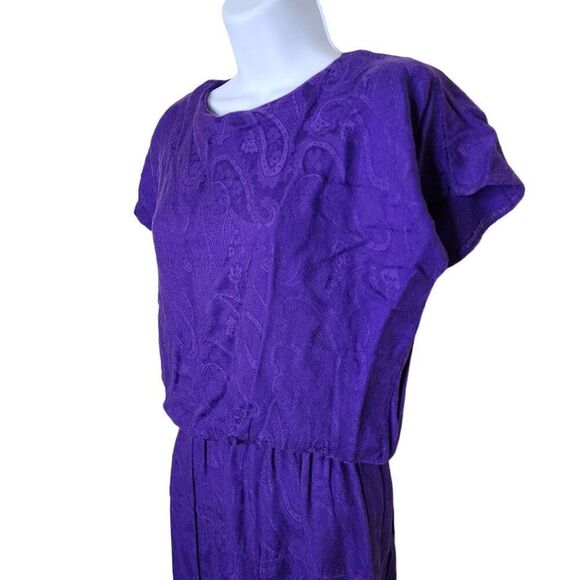 Vintage 80s Cap Sleeve Blouson Dress Womens Size 6 Royal Purple Paisley - Picture 2 of 7